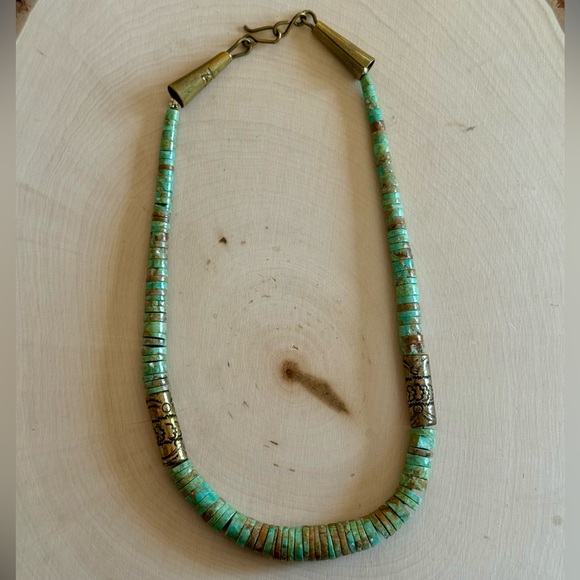 RARE_VINTAGE_Santo Domingo Tony Aguilar Sr. Brass & NATURAL Turquoise Necklace - Picture 10 of 16